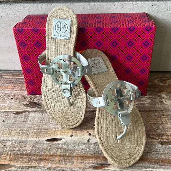Tory Burch Espadrille Mirror Miller Metallic Sandals - Picture 1 of 7